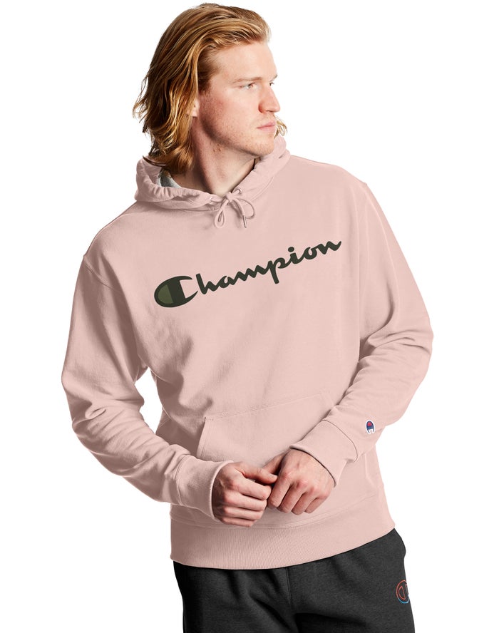 Champion Herre Hættetrøje Lyserød - Powerblend Fleece Script Logo - Danmark AEV-918056